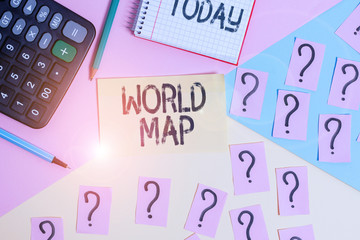 Conceptual hand writing showing World Map. Concept meaning a diagrammatic representation of the surface of the earth Mathematics stuff and writing equipment on pastel background