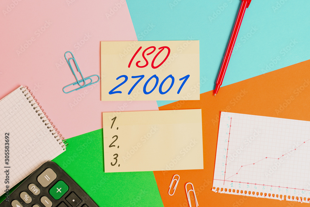 Poster conceptual hand writing showing iso 27001. concept meaning specification for an information security