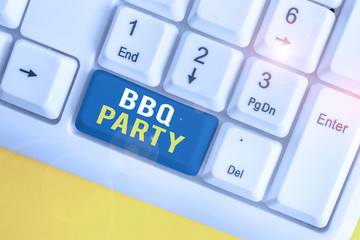 Text sign showing Bbq Party. Business photo text usually done outdoors by smoking meat over wood or charcoal White pc keyboard with empty note paper above white background key copy space