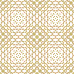 Vector golden seamless pattern. Abstract white and gold ornament in oriental style. Simple geometric figures, circles, squares, mesh, grid. Luxury background. Design for textile, decoration, wrapping