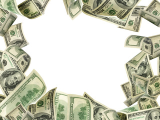 Us dollar. American money, falling cash. Flying hundred dollars isolated.