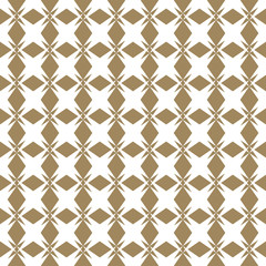 Vector golden seamless pattern in traditional Asian style. Abstract geometric ornament texture with star shapes, crosses, rhombuses, grid. Elegant white and gold background. Repeat ornamental design