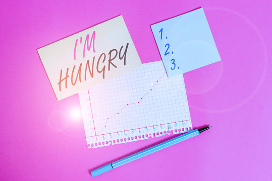 Writing note showing I M Hungry. Business concept for having a strong wish or desire for something to put on stomach Stationary and note paper math sheet with diagram picture on the table