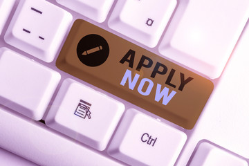 Conceptual hand writing showing Apply Now. Concept meaning An act of a demonstrating to acquire the...