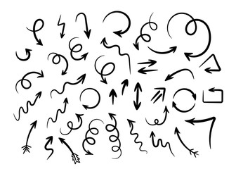 Hand drawn arrows collection vector illustration. Curves and spirals, round and twist arrows in sketch or doodle style. Outline black graphics set for sketchy infographic or cartoon drawings design.