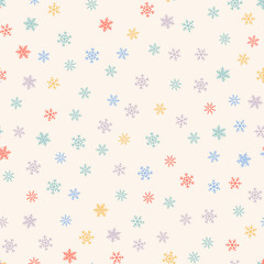 Winter seamless pattern. Christmas background with small colored snowflakes. Elegant vector texture. Festive holiday theme. Cute repeat design for kids, print, decoration, wallpaper, greeting card