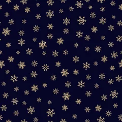 Gordijnen Gouden sneeuwvlokken naadloze patroon. Luxe vector Kerstmis achtergrond met kleine gouden sneeuwvlokken op zwarte achtergrond. Winter vakantie textuur. Elegant ontwerp voor decor, betegelbare print, verpakking, web © Olgastocker