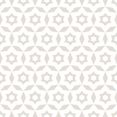 Fototapeta na wymiar Vector abstract floral seamless pattern. Subtle white and beige background. Simple geometric ornament. Delicate graphic texture with stars, flower shapes, rhombuses, grid, net. Repeatable design