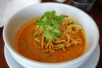 Close up Kao Soi ,Northern Thai style curry egg noodles
