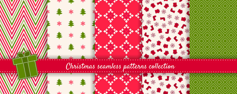 Christmas seamless patterns collection. Vector set of winter holiday background swatches. Cute modern colorful abstract textures with snowflakes, pine trees, gifts, nordic ornaments. Repeat design