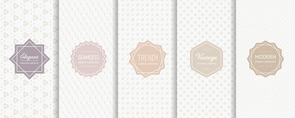Subtle vector seamless patterns. Collection of elegant geometric background swatches with classic minimal labels. Simple abstract minimalist vintage textures. Light pastel design for decor, banner