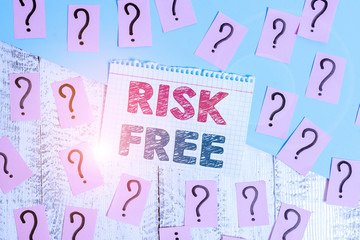 Text sign showing Risk Free. Business photo showcasing used to describe something that does not involve any danger Scribbled and crumbling papers with thick cardboard above wooden table