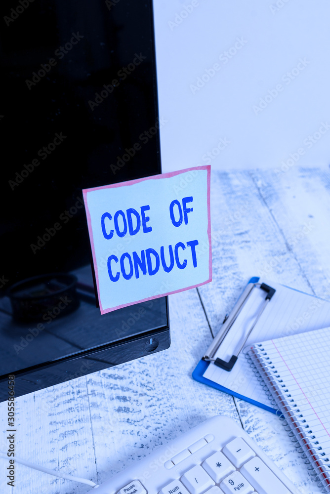 Poster handwriting text code of conduct. conceptual photo ethics rules moral codes ethical principles value