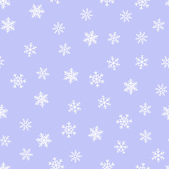 Naklejka na ściany i meble Snow seamless pattern. Festive Christmas background with white snowflakes on blue backdrop. Elegant vector texture. Winter holiday theme. Subtle abstract repeat design for decor, wallpapers, wrapping