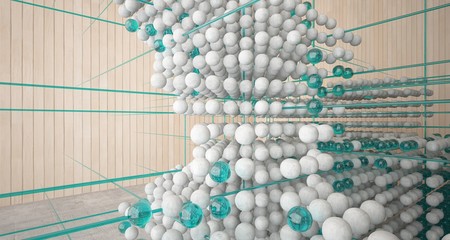 Abstract architectural wood and glass interior from an array of spheres with large windows. 3D illustration and rendering.