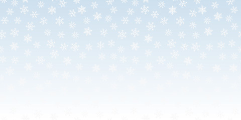 New Year and Christmas background with white small falling snowflakes. Elegant vector decorative texture. Horizontally seamless pattern. Subtle repeat design for decoration, website, cover, banner