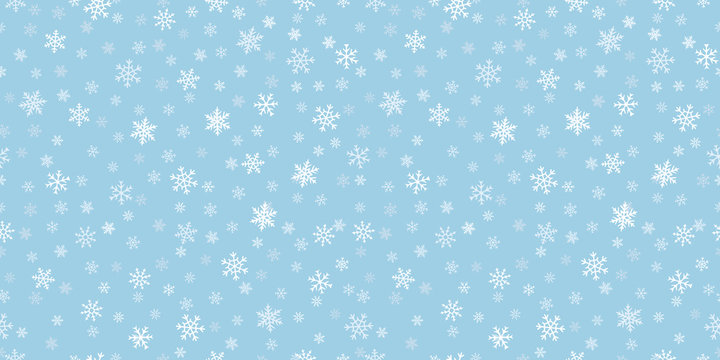 Snowflakes seamless background. Subtle vector pattern with small hand drawn white snowflakes on blue backdrop. Winter holidays theme, Christmas and New Year texture. Elegant repeat design for decor