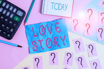 Handwriting text writing Love Story. Conceptual photo it is something such as a novel or movie about a love affair Mathematics stuff and writing equipment above pastel colours background