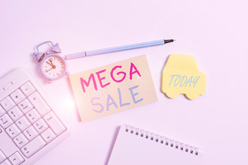Word writing text Mega Sale. Business photo showcasing The day full of special shopping deals and heavy discounts Copy space on empty note paper with clock and pencil on the table