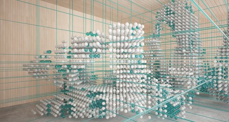 Abstract architectural wood and glass interior from an array of spheres with large windows. 3D illustration and rendering.