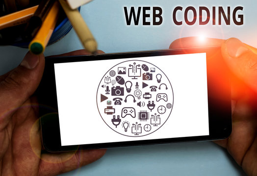 Text sign showing Web Coding. Business photo text work involved in developing a web site for the Internet