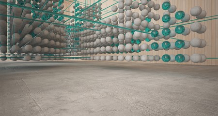 Abstract architectural wood and glass interior from an array of spheres with large windows. 3D illustration and rendering.