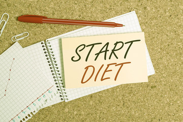 Handwriting text Start Diet. Conceptual photo special course food to which demonstrating restricts themselves Desk notebook paper office cardboard paperboard study supplies table chart