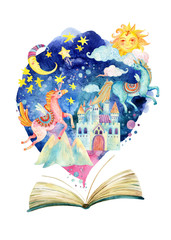 The whole fairy tale world in one book. Starry sky, moon and sun, magic castle, flying unicorns. - obrazy, fototapety, plakaty