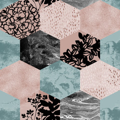 Geometric shape with watercolor, marbling, gold grained, grunge, paper, geo textures.