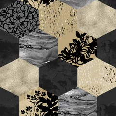 Foto op Plexiglas Marmeren hexagons Geometrische vorm met aquarel, marmering, goudkorrelig, grunge, papier, geotexturen.