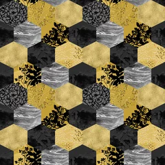 Wall murals Marble hexagon Geometric shape with watercolor, marbling, gold grained, grunge, paper, geo textures.
