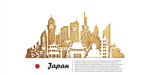 Tokyo, Japan with Gold Travel postcard, poster, tour advertising of world famous landmarks in paper cut style.