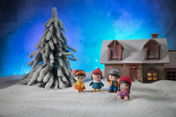 Traditional holiday attributes on snow. Creative artwork decorations. Empty space for your text