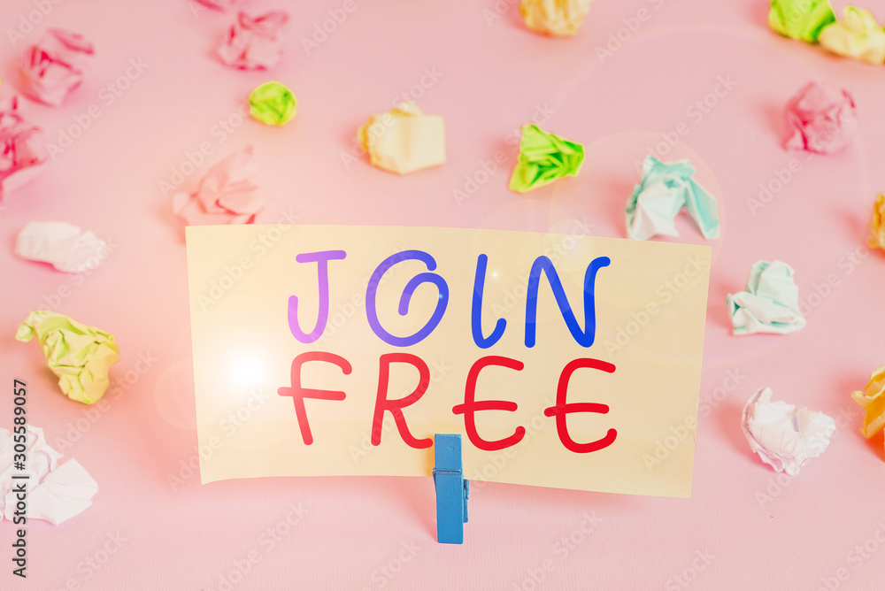 Poster word writing text join free. business photo showcasing the act or an instance of joining a group or 