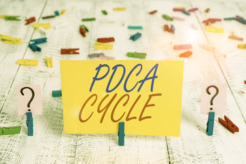 Writing note showing Pdca Cycle. Business concept for use to control and continue improve the processes and products Crumbling sheet with paper clips placed on the wooden table