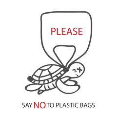 Say no to plastic bags. A Turtle cartoon is requesting to reduce the use of plastic bags. Problem plastic pollution. Vector illustration.