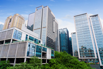 Fototapeta premium Lawn and dense modern buildings, Chongqing, China.