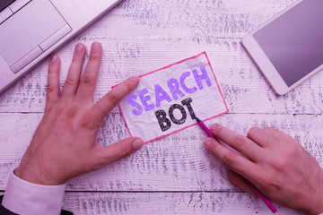 Word writing text Search Bot. Business photo showcasing a program that runs automated tasks over...