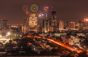 Naklejka na ściany i meble city view and Bangkok with beautiful fireworks