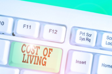 Conceptual hand writing showing Cost Of Living. Concept meaning The level of prices relating to a...