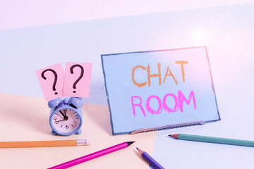 Writing note showing Chat Room. Business concept for area on the Internet or computer network where...