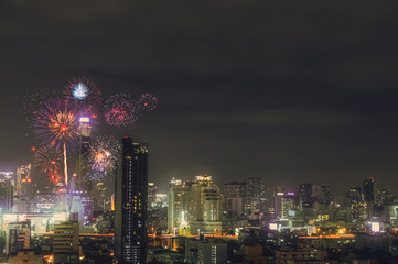 city view and Bangkok with beautiful fireworks