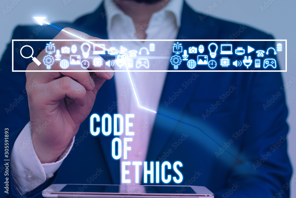 Poster writing note showing code of ethics. business concept for moral rules ethical integrity honesty good