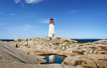 Panorama of Nova Scotia's iconic Peggys Cove Lighthouse on a sunny day