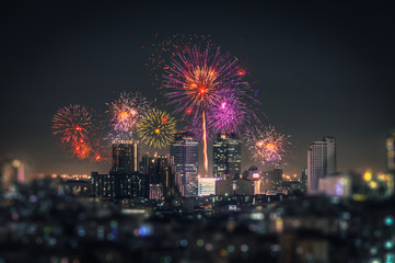 city view and Bangkok with beautiful fireworks