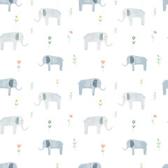 Lovely elephants seamless pattern with wildflowers on white background for kid’s wear. Cute elephants watercolor cartoon illustration for kid’s textile design. Watercolor elephant pattern for infants.