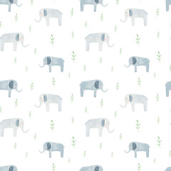 Lovely elephants seamless pattern with leaves on white background for kid’s wear. Cute elephants watercolor cartoon illustration for kid’s textile design. Watercolor elephant pattern for infants.