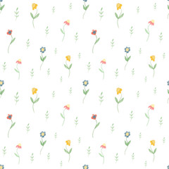 Watercolor vintage summer wild flowers seamless pattern on white background. Wildflowers summer illustration for kid’s textile, design. Perfect for covers, fabric. 