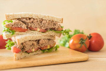 tuna sandwich on wood