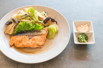fried salmon steak with vegetable